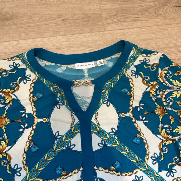 Susan Graver V Neck Shirt Blouse Plus 1X Stretch Geometric Womens CB95B - Picture 3 of 9
